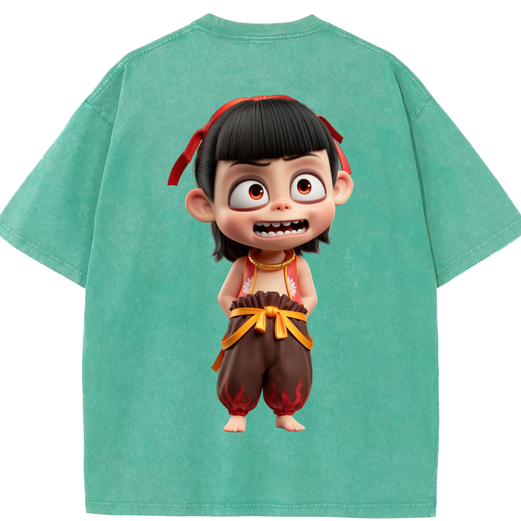 （画像用） Ne Zha 2 ナタ 魔童の大暴れ 綿100% ヴィンテージ風 半袖Tシャツ（背面プリント）